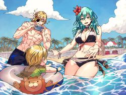 Rule 34 | 1girl, 2boys, abs, beach, bikini, black bikini, blonde hair, blue male swimwear, blue sky, blue swim trunks, blush, breasts, byleth (female) (fire emblem), byleth (female) (summer) (fire emblem), byleth (fire emblem), cleavage, cloud, day, dimitri alexandre blaiddyd, eyepatch, father and son, fire emblem, fire emblem: three houses, flower, green eyes, green hair, hair flower, hair ornament, happy, if they mated, innertube, large breasts, lion, male swimwear, mother and son, multiple boys, navel, nintendo, official alternate costume, outdoors, outstretched arms, partially submerged, phone, reaching, reaching towards viewer, rusky, scar, sky, smile, summer, swim ring, swim trunks, swimsuit