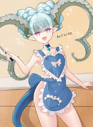 Rule 34 | + +, 1girl, absurdres, apron, bare shoulders, blue apron, braid, breasts, choker, collarbone, crown braid, curled horns, fangs, fate/grand order, fate/grand order arcade, fate (series), frills, highres, horns, jewelry, larva tiamat (fate), larva tiamat (first ascension) (fate), long hair, long horns, looking at viewer, naked apron, open mouth, pendant, pink eyes, pointy ears, shirozaya, silver hair, small breasts, smile, solo, sparkle, symbol-shaped pupils, thighs, tiamat (fate), translation request