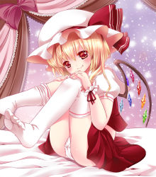 Rule 34 | 1girl, ass, bad id, bad pixiv id, blonde hair, embodiment of scarlet devil, fang, feet, female focus, flandre scarlet, hands on own knees, hat, irori, loose thighhigh, md5 mismatch, midriff, panties, pantyshot, red eyes, resolution mismatch, shirt, sitting, skirt, skirt set, smile, solo, source smaller, thighhighs, touhou, underwear, upskirt, white panties, white thighhighs, wings, wrist cuffs, wristband, zettai ryouiki