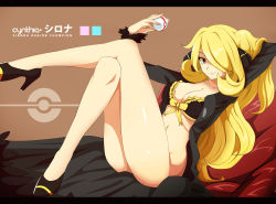 Rule 34 | 00s, 1girl, absurdres, alternate color, bad deviantart id, bad id, bikini, bikini top only, bikini under clothes, blonde hair, bottomless, bow, breasts, character name, cleavage, coat, creatures (company), crossed legs, cynthia (pokemon), english text, front-tie top, fur trim, game freak, hair ornament, hair over one eye, high heels, highres, large breasts, letterboxed, long hair, long sleeves, nintendo, poke ball, poke ball print, pokemon, pokemon dppt, premier ball, shiny skin, sitting, solo, swimsuit, swimsuit under clothes, vivivoovoo, yellow eyes