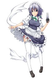 Rule 34 | 1girl, bad id, bad pixiv id, blue eyes, braid, female focus, full body, garter straps, highres, izayoi sakuya, knife, lace, lace-trimmed legwear, lace trim, legs, maid, short hair, silver hair, solo, somejima, standing, thighhighs, thighs, throwing knife, touhou, transparent background, twin braids, weapon, white thighhighs