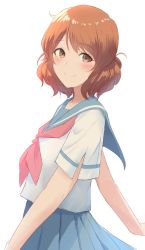 Rule 34 | 14sai bishoujo (shoutarou), 1girl, blue sailor collar, blue skirt, blush, brown eyes, brown hair, closed mouth, hibike! euphonium, highres, kitauji high school uniform, looking at viewer, neckerchief, oumae kumiko, outstretched arms, pink neckerchief, pleated skirt, sailor collar, school uniform, serafuku, shirt, short hair, short sleeves, simple background, skirt, smile, solo, spread arms, standing, white background, white shirt
