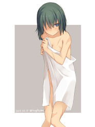 Rule 34 | 10s, 1girl, 2015, bad id, bad pixiv id, blue eyes, breasts, cleavage, collarbone, dated, green hair, grey background, hair over one eye, highres, knees together feet apart, naked towel, nervous, scar, short hair, shuuichi, solo, towel, twitter username