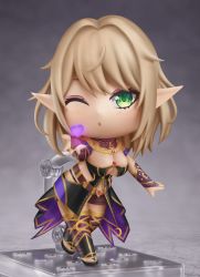 Rule 34 | 1girl, absurdres, artist name, blonde hair, blowing kiss, blush, breasts, chibi, cleavage, commission, elara (vtuber), eyeshadow, faux figurine, green eyes, highres, indie virtual youtuber, large breasts, looking at viewer, makeup, medium hair, nendoroid, one eye closed, parted lips, pink eyeshadow, pointy ears, second-party source, shiori2525, solo, virtual youtuber