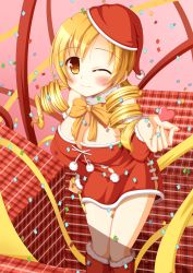 Rule 34 | 10s, 1girl, anri-agnes, bent over, blonde hair, boots, bow, breasts, christmas, cleavage, collar, confetti, detached sleeves, dress, drill hair, hand on own hip, hat, highres, hip focus, large breasts, mahou shoujo madoka magica, mahou shoujo madoka magica (anime), navel, one eye closed, ribbon, santa costume, santa hat, smile, solo, tomoe mami, wink, yellow eyes