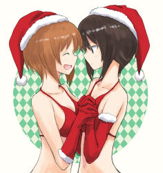 Rule 34 | 2girls, alternate costume, bikini, blush, breasts, brown eyes, brown hair, checkered background, christmas, closed eyes, closed mouth, commentary, elbow gloves, facing another, fur-trimmed gloves, fur trim, girls und panzer, gloves, hat, holding hands, incest, interlocked fingers, light blush, light frown, looking at another, medium breasts, multiple girls, mutsu (layergreen), nishizumi maho, nishizumi miho, open mouth, red bikini, red gloves, red hat, santa costume, santa hat, short hair, siblings, sisters, smile, swimsuit, upper body, yuri