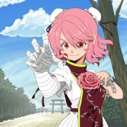 Rule 34 | &gt;:), 1girl, bad id, bad pixiv id, bandages, bun cover, chain, chinese clothes, claw pose, cloud, cuffs, day, double bun, female focus, fighting stance, flower, ibaraki kasen, pink eyes, pink hair, rose, short hair, short sleeves, sky, smile, solo, torii, touhou, tree, v-shaped eyebrows, yatarato-subaru