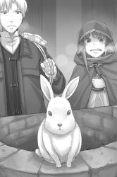 Rule 34 | 1boy, 1girl, ayakura juu, bag, rabbit, cape, clenched teeth, craft lawrence, greyscale, holding, holding bag, holo, hood, hooded, long hair, monochrome, novel illustration, official art, outdoors, spice and wolf, sweatdrop, teeth, well