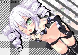 Rule 34 | 10s, 1girl, ;d, ahhien, atsuhien, bad id, bad pixiv id, black sister, blush, breasts, drill hair, elbow gloves, female focus, flat chest, gloves, green eyes, navel, neptune (series), one eye closed, open mouth, smile, solo, twin drills, undressing, uni (neptunia), white hair