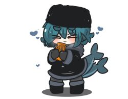 Rule 34 | &gt; &lt;, 1girl, :3, afterimage, black footwear, black hat, black jacket, blue hair, boots, breath, can, canned coffee, chibi, closed eyes, closed mouth, commentary request, drink can, facing viewer, fins, fish tail, fuka-chan, full body, fur hat, gloves, grey gloves, grey pantyhose, hair between eyes, hat, heart, highres, holding, holding can, hood, hood down, hooded jacket, jacket, original, pantyhose, shadow, shark tail, short eyebrows, simple background, solo, standing, tail, tail wagging, thick eyebrows, uni souchou, white background