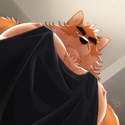 Rule 34 | 1boy, abs, absurdres, animal ears, arashi takemoto, bara, black shirt, blue eyes, commentary, dog boy, dog ears, furry, furry male, highres, looking at viewer, looking down, male focus, meme, muscular, muscular male, nipples, original, otake (sign up), shirt, signature, sleeveless, sleeveless shirt, symbol-only commentary, thick eyebrows, yur oc like this (meme)