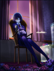 Rule 34 | 10s, 1girl, another, asato-sagamihara, blue rose, chair, doll, eyepatch, flower, misaki mei, pantyhose, purple rose, red eyes, red rose, room, rose, solo, window