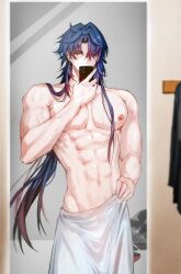 Rule 34 | 1boy, abs, blade (honkai: star rail), blue hair, cellphone, commentary, covered mouth, cowboy shot, cross, curtained hair, dark blue hair, ear piercing, earrings, english commentary, eyelashes, full-length mirror, gradient hair, hair intakes, hair over one eye, hand up, highres, holding, holding phone, honkai: star rail, honkai (series), indoors, inverted cross, inverted cross earrings, jewelry, long hair, male focus, mirror, multicolored hair, naked towel, navel, nipples, one eye covered, parted bangs, pectorals, phone, piercing, red eyes, red hair, reflection focus, selfie, shivaille, sidelocks, smartphone, solo, standing, stomach, taking picture, towel, towel around waist, very long hair, wet, wet hair