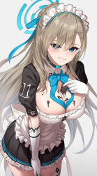 Rule 34 | 1girl, apron, asuna (blue archive), black choker, black dress, blue archive, blue bow, blue bowtie, blue eyes, blue ribbon, bow, bowtie, breasts, chocolate, chocolate on body, chocolate on breasts, choker, cleavage, collar, commentary request, cowboy shot, detached collar, dress, elbow gloves, eyes visible through hair, food, food on body, food on breasts, frilled apron, frilled dress, frilled hairband, frills, garter straps, gloves, grin, hair over one eye, hair ribbon, hairband, halo, hand up, highres, holding, holding chocolate, holding food, large breasts, light brown hair, long hair, looking at viewer, maid, maid apron, maid headdress, pizza (pizzania company), puffy short sleeves, puffy sleeves, ribbon, short sleeves, simple background, smile, solo, thighhighs, valentine, very long hair, white background, white collar, white garter straps, white gloves, white hairband, white thighhighs, wing collar, zettai ryouiki