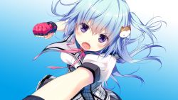 Rule 34 | 1girl, blue hair, blush, breasts, fighting, fighting stance, fingerless gloves, game cg, gloves, kino (kino konomi), kino konomi, konomi (kino konomi), looking at viewer, nakano mei, open mouth, purple eyes, serious, shirogane x spirits, short hair, simple background, small breasts, solo