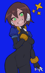 Rule 34 | 1girl, absurdres, aile (mega man zx), black bodysuit, blue background, blush, bodysuit, bodysuit under clothes, breasts, brown hair, buzzlyears, commentary, covered navel, cowboy shot, cropped jacket, finger to own chin, green eyes, highres, jacket, looking at viewer, mega man (series), mega man zx, no pants, open clothes, open jacket, robot ears, short hair, simple background, small breasts, smile, solo, star (symbol)