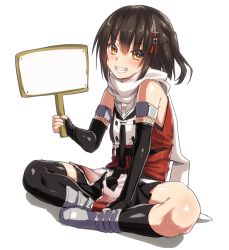 Rule 34 | 1girl, asymmetrical legwear, black gloves, black hair, black neckerchief, black skirt, brown eyes, buttons, double-breasted, elbow gloves, fingerless gloves, gloves, grin, highres, holding, holding sign, indian style, kantai collection, keita (tundereyuina), neckerchief, sailor collar, scarf, school uniform, sendai (kancolle), sendai kai ni (kancolle), serafuku, sign, single thighhigh, sitting, skirt, smile, solo, template, thighhighs, two side up, uneven legwear, white sailor collar, white scarf