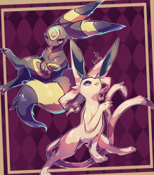 Rule 34 | absurdres, animal focus, argyle, argyle background, argyle clothes, artist name, bad id, bad pixiv id, black eyes, border, brown border, claws, colored sclera, creatures (company), crossed legs, espeon, fang, forehead jewel, full body, game freak, gen 2 pokemon, hand to own mouth, happy, heart, highres, licking, licking finger, looking at viewer, nintendo, no humans, open mouth, outline, pokemon, pokemon (creature), purple background, purple sclera, red sclera, riri (riri nasinasi), signature, simple background, sitting, skin fang, smile, spread legs, tongue, tongue out, umbreon, white eyes, white outline