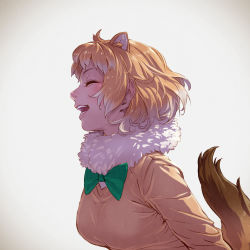 Rule 34 | 10s, 1girl, :d, ^ ^, animal ear fluff, animal ears, black-tailed prairie dog (kemono friends), bow, bowtie, breasts, closed eyes, extra ears, from side, fur collar, gradient hair, green bow, green bowtie, highres, kemono friends, long sleeves, medium breasts, multicolored hair, nose, open mouth, orange hair, profile, realistic, short hair, smile, solo, tail, tail raised, takami masahiro, teeth, two-tone hair, upper body, white hair