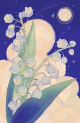 Rule 34 | absurdres, blue flower, blue sky, cloud, commentary, english commentary, flower, flower focus, full moon, highres, leaf, lily of the valley, moon, night, night sky, no humans, original, outdoors, shooting star, sky, sparkle, star (sky), starry sky, veetelier