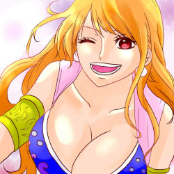Rule 34 | 1girl, alabasta, armlet, breasts, cleavage, earrings, gradient background, jewelry, long hair, nami (one piece), one eye closed, one piece, orange hair, red eyes, smile, solo, wink