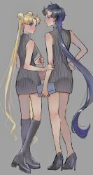 2girls bag bishoujo_senshi_sailor_moon black_dress black_footwear black_hair blonde_hair blue_eyes boots double_bun dress full_body grey_background hair_bun hand_on_another&#039;s_arm hand_on_own_hip high_heels highres knee_boots long_hair multiple_girls polish008800 seiya_kou short_dress short_hair_with_long_locks shoulder_bag simple_background sleeveless sleeveless_dress sleeveless_turtleneck_dress tsukino_usagi turtleneck turtleneck_dress twintails very_long_hair