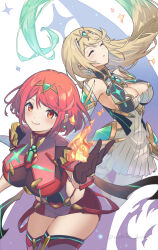 Rule 34 | 2girls, aqua hair, armor, bare shoulders, black gloves, blonde hair, boots, breasts, chest jewel, cleavage, closed eyes, closed mouth, core crystal (xenoblade), cowboy shot, dangle earrings, detached sleeves, dress, earrings, feet out of frame, fire, gloves, gold trim, gradient hair, highres, jewelry, large breasts, long hair, looking at viewer, medium hair, multicolored hair, multiple girls, mythra (xenoblade), pleated dress, pyra (xenoblade), red eyes, red hair, red shorts, short sleeves, shorts, shoulder armor, sideless outfit, sidelocks, smile, swept bangs, thigh boots, thighs, tiara, twitter username, very long hair, white dress, xenoblade chronicles (series), xenoblade chronicles 2, yanagimachi