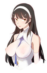 Rule 34 | 1girl, bare shoulders, between breasts, black hair, breasts, covered erect nipples, detached sleeves, girls&#039; frontline, green eyes, halterneck, headband, impossible clothes, impossible shirt, large breasts, long hair, looking at viewer, see-through, shirt, smile, solo, type 95 (girls&#039; frontline), upper body, vic (vedream)