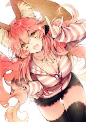 Rule 34 | 10s, 1girl, animal ears, black thighhighs, blush, bra, breasts, casual, cleavage, collarbone, fate/extra, fate/grand order, fate (series), fox ears, fox shadow puppet, fox tail, hand on own hip, large breasts, nail polish, official alternate costume, open clothes, open mouth, open shirt, pink bra, pink hair, shirt, simple background, solo, sparkle, striped clothes, striped shirt, tail, tamamo (fate), tamamo no mae (fate/extra), tamamo no mae (spring casual) (fate), thighhighs, underwear, white background, yellow eyes, yunomitootya