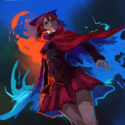 Rule 34 | 1girl, black shirt, blue bow, bow, cape, dutch angle, evil smile, fire, from below, glowing, glowing eyes, hair bow, inishie kumo, light smile, long sleeves, looking at viewer, looking down, parted lips, red cape, red hair, red skirt, ringed eyes, sekibanki, shirt, short hair, skirt, smile, solo, standing, touhou, untucked shirt