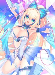 Rule 34 | 1girl, antenna hair, armpits, azure striker gunvolt, blonde hair, blue eyes, breasts, butterfly hair ornament, cleavage, clothing cutout, detached sleeves, dress, fang, female focus, green eyes, hair between eyes, hair ornament, highres, idol, large breasts, legs, lololotton, long hair, looking at viewer, lumen (gunvolt), navel, pink hair, ponytail, revealing clothes, sidelocks, skin fang, smile, solo, standing, stomach cutout, stretching, thigh strap, thighs