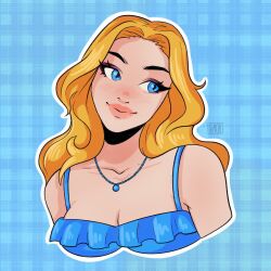 Rule 34 | 1girl, artist name, blonde hair, blue background, blue eyes, blush, breasts, cleavage, haley (stardew valley), highres, jewelry, lipstick, long hair, makeup, medium breasts, necklace, simple background, siropeart, solo, stardew valley