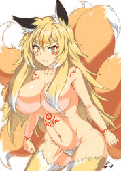 Rule 34 | 1girl, animal ears, blonde hair, breasts, collarbone, convenient censoring, cowboy shot, curvy, dated, eyebrows, female focus, female pubic hair, fox ears, fox tail, fur, hair censor, hair over breasts, highres, huge breasts, leaning forward, long hair, looking at viewer, multiple tails, navel, nishiumi yuuta, nude, original, pubic hair, signature, simple background, solo, standing, tail, tattoo, thick eyebrows, yellow eyes
