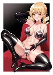 Rule 34 | 1girl, arm up, bikini, black bikini, black footwear, black gloves, blonde hair, boots, breasts, drill hair, elbow gloves, gloves, high heel boots, high heels, highres, large breasts, long hair, mahou shoujo madoka magica, navel, sitting, smile, solo, spread legs, swimsuit, thigh boots, tomoe mami, twin drills, twintails, volyz, yellow eyes