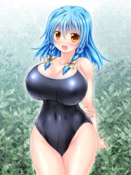 Rule 34 | 1girl, blue hair, blush, braid, breasts, cleavage, covered navel, curvy, hair ribbon, highres, huge breasts, kogarashi (wind of winter), long hair, looking at viewer, medium hair, one-piece swimsuit, open mouth, original, ribbon, school swimsuit, smile, solo, standing, sweat, swimsuit, thick thighs, thighs, wide hips, yellow eyes