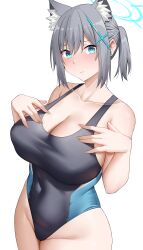Rule 34 | 1girl, absurdres, animal ear fluff, animal ears, arind yudha, bare shoulders, blue archive, blue eyes, blue one-piece swimsuit, blush, breasts, cleavage, collarbone, covered navel, cross hair ornament, extra ears, grey hair, hair ornament, halo, highleg, highleg swimsuit, highres, large breasts, looking at viewer, medium hair, multicolored clothes, multicolored swimsuit, one-piece swimsuit, shiroko (blue archive), shiroko (swimsuit) (blue archive), short ponytail, sidelocks, solo, swimsuit, thighs, wolf ears