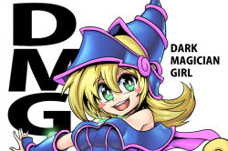 Rule 34 | 1girl, bare shoulders, blonde hair, blush stickers, bracer, breasts, dark magician girl, godichi, green eyes, hair between eyes, hat, long hair, looking at viewer, medium breasts, open mouth, simple background, smile, solo, teeth, tongue, upper body, upper teeth only, white background, wizard hat, yu-gi-oh!