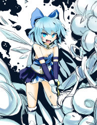 Rule 34 | 1girl, :d, bad id, bad pixiv id, blue eyes, blue hair, blue ribbon, blush, breast slip, breasts, cape, censored, cirno, convenient censoring, cosplay, culter, female focus, gloves, hair ribbon, highres, look-alike, looking at viewer, magical girl, mahou shoujo madoka magica, mahou shoujo madoka magica (anime), matching hair/eyes, miki sayaka, miki sayaka (cosplay), miniskirt, open mouth, panties, pantyshot, ribbon, shaft (company), skirt, small breasts, smile, snow, solo, sword, touhou, underwear, upskirt, wardrobe malfunction, weapon