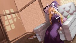 Rule 34 | 1girl, alternate costume, blonde hair, book, bow, bowtie, braid, capelet, commentary request, couch, dress, hair bow, hat, hat bow, highres, indoors, kirisame marisa, long hair, long sleeves, nodoguro (phi-tan), on couch, open mouth, purple capelet, purple dress, purple hat, shadow, side braid, single braid, solo, touhou, white bow, white bowtie, witch hat, yellow eyes
