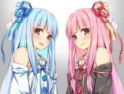Rule 34 | 2girls, bare shoulders, blue bow, blue hair, blush, bow, detached sleeves, hair bow, kotonoha akane, kotonoha aoi, looking at viewer, mikazuchi zeus, multiple girls, open mouth, pink bow, pink hair, red eyes, siblings, sisters, smile, twins, voiceroid