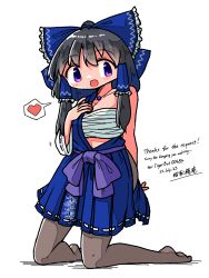 Rule 34 | 1girl, :d, arm behind back, bare shoulders, black hair, blue bow, blue dress, blue eyes, blush, bow, breasts, chest sarashi, cleavage, commission, dress, floral print, frilled hair tubes, frills, full body, hair bow, hair tubes, hakurei beimu, hakurei reimu, hand up, heart, highres, jewelry, kasuya baian, kneeling, looking at viewer, medium breasts, necklace, no shoes, non-web source, open mouth, pantyhose, pleated skirt, purple bow, purple eyes, sarashi, simple background, single strap, skirt, sleeves past elbows, smile, solo, spoken heart, touhou, white background, wide sleeves