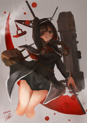 Rule 34 | 1girl, black capelet, black dress, blush, braid, breasts, brown eyes, brown hair, capelet, dress, hair over one eye, hair ribbon, hood, hooded capelet, kantai collection, large breasts, long hair, long sleeves, machinery, open mouth, red ribbon, ribbon, scythe, shinshuu maru (kancolle), solo, toka (marchlizard), twin braids