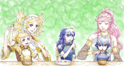 Rule 34 | 2boys, 3girls, artist request, aunt and nephew, aunt and niece, blonde hair, blue eyes, blue hair, bridal gauntlets, brother and sister, cousins, fire emblem, fire emblem awakening, food, inigo (fire emblem), jewelry, lissa (fire emblem), lots of jewelry, lucina (fire emblem), matching hair/eyes, mother and daughter, mother and son, multiple boys, multiple girls, nintendo, olivia (fire emblem), owain (fire emblem), pink hair, siblings, smile, soup, aged down