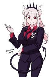 Rule 34 | 1girl, black hairband, black necktie, black suit, black tail, blunt bangs, breasts, collared shirt, dated, demon girl, demon horns, demon tail, formal, gloves, hairband, helltaker, horns, large breasts, long hair, looking at viewer, lucifer (helltaker), mole, mole under eye, necktie, pant suit, pants, raised eyebrow, red eyes, red shirt, shirt, short hair, signature, silver hair, smile, solo, spiked hairband, spikes, standing, suit, tail, tsukudani (coke-buta), white gloves, white horns