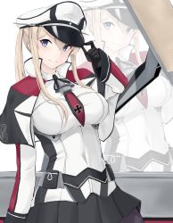 Rule 34 | 10s, 1girl, absurdres, adjusting clothes, adjusting headwear, blonde hair, blue eyes, breasts, capelet, covered navel, cross, flight deck, graf zeppelin (kancolle), hair between eyes, hat, highres, iron cross, jacket, kantai collection, large breasts, long sleeves, looking at viewer, maruyaa (malya1006), miniskirt, necktie, pantyhose, peaked cap, red necktie, simple background, skirt, smile, smug, solo, twintails, white background, white cap, white hat, white jacket, zoom layer