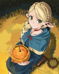 Rule 34 | 1girl, :&gt;, absurdres, ambrosia (dungeon meshi), blonde hair, blue cape, blue capelet, blue robe, bowl, braid, cape, capelet, choker, collarbone, commentary, dungeon meshi, elf, english commentary, flower, food, from above, grass, green eyes, hair over shoulder, highres, holding, holding bowl, holding food, holding pumpkin, holding vegetable, lewdrawings, long hair, looking at viewer, looking back, marcille donato, nervous, outdoors, pointy ears, pumpkin, red choker, robe, rose, single braid, sitting, solo, soup, spoon, vegetable