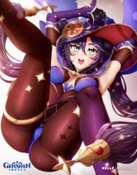 Rule 34 | 1girl, arms up, artist name, ass, black gloves, breasts, commentary, copyright name, detached sleeves, dot nose, genshin impact, gloves, hair between eyes, hair ornament, hat, hat ornament, highres, invisible chair, kellzallday, knee up, leg up, leotard, long hair, looking at viewer, medium breasts, mona (genshin impact), open mouth, pantyhose, patreon username, purple hair, sitting, smile, solo, sparkle print, teeth, thighlet, upper teeth only, very long hair, witch hat