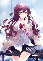 Rule 34 | 1girl, ahoge, apring, bad id, bad pixiv id, black skirt, blue eyes, bow, bowtie, brown hair, cardigan, cowboy shot, dress shirt, erlenmeyer flask, flask, floating hair, grey sweater, hair between eyes, holding, ichinose shiki, idolmaster, idolmaster cinderella girls, long hair, looking at viewer, miniskirt, open cardigan, open clothes, petals, pleated skirt, red bow, red bowtie, school uniform, shiny skin, shirt, skirt, smile, solo, sweater, very long hair, white shirt