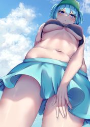 Rule 34 | 1girl, blue eyes, blue hair, blue skirt, blue sky, blush, breasts, cleavage, cloud, cowboy shot, from below, green headwear, highres, kawashiro nitori, large breasts, looking at viewer, mirufui, navel, outdoors, parted lips, skirt, sky, solo, standing, stomach, sweatdrop, touhou, two side up, underboob