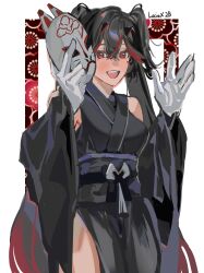 Rule 34 | 1girl, alternate costume, black hair, black kimono, character name, crossed bangs, detached sleeves, fake horns, gloves, gradient hair, hair between eyes, highres, holding, holding mask, horns, japanese clothes, kimono, long hair, looking at viewer, lucia: plume (punishing: gray raven), lucia (punishing: gray raven), mask, multicolored hair, open mouth, punishing: gray raven, red eyes, red hair, small horns, streaked hair, teeth, twintails, upper teeth only, very long hair, white gloves, wide sleeves, yongsadragon